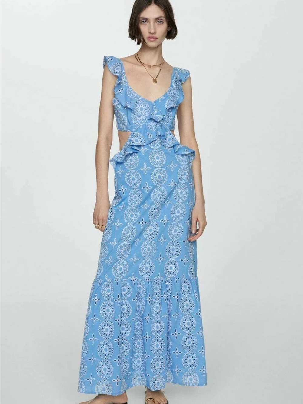 NWT Mango JULIET Openwork Detail Eyelet Ruffle Maxi Dress in Sky Blue - Picture 4 of 11